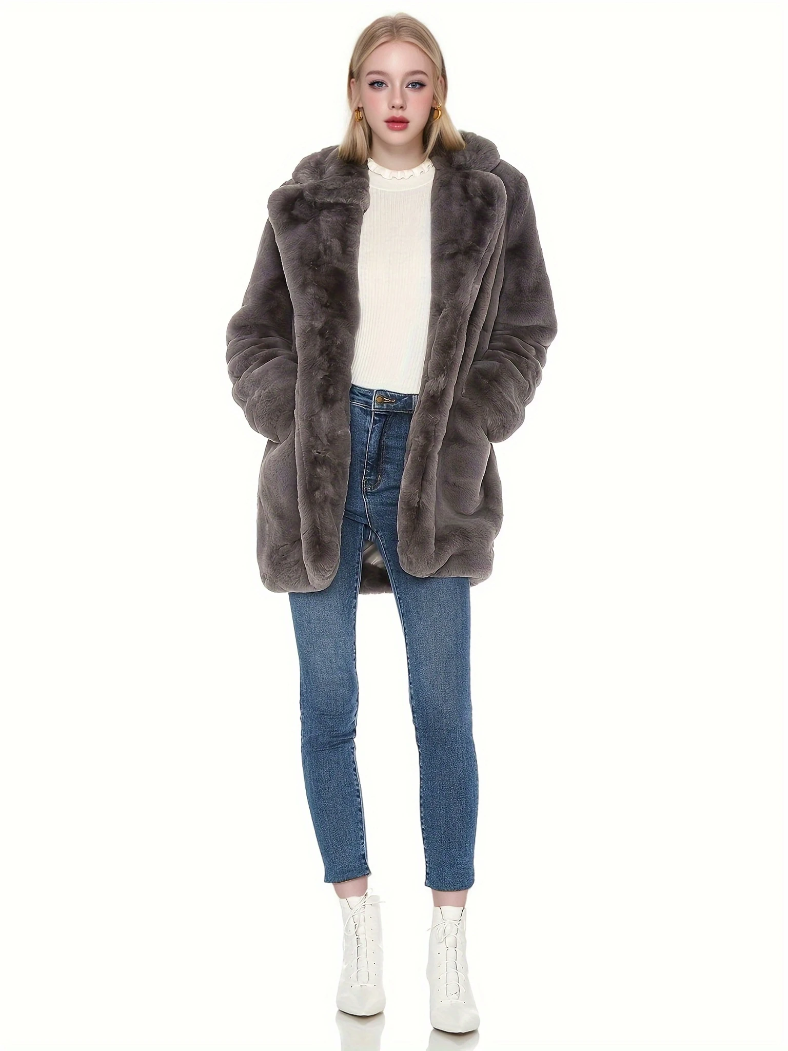 Elegant Directional Faux Rex Rabbit Fur Coat for Women - Mid-Length Solid Color Coat ,Fall Winter Casual Commuter Outerwear