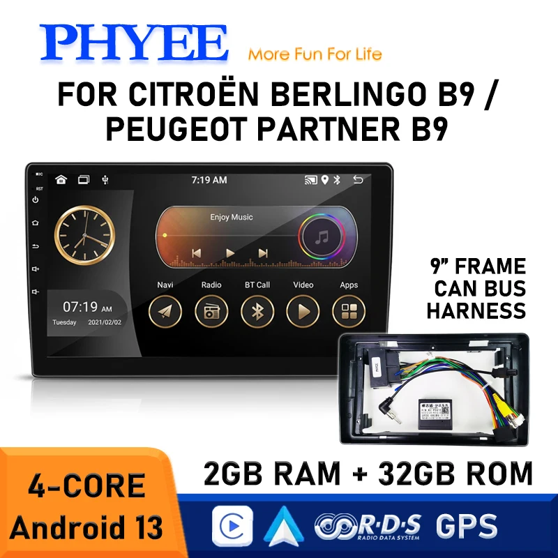Autoradio GPS Android 9 Pollici con Cablaggio CAN Bus per Citroen Berlingo B9 e Peugeot Partner