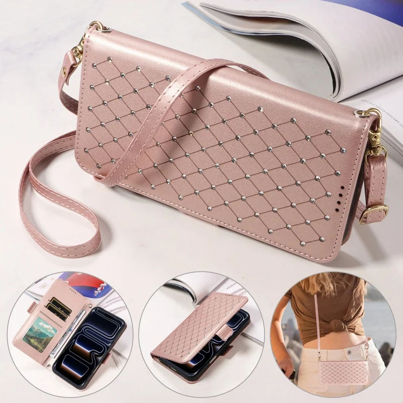Sparkling Fragrance Leather Wallet Phone Case with Lanyard and Card Holder