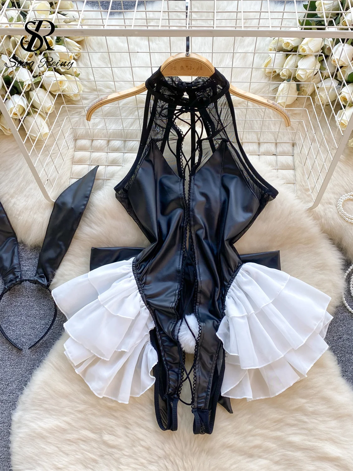 SINGREINY Cosplau Erotic Playsuits PU Leather Halter Splice Lace Up Mesh Halter Rabbit Girl Lingerie Hollow Out Sexy Bodysuits sexy lingerie