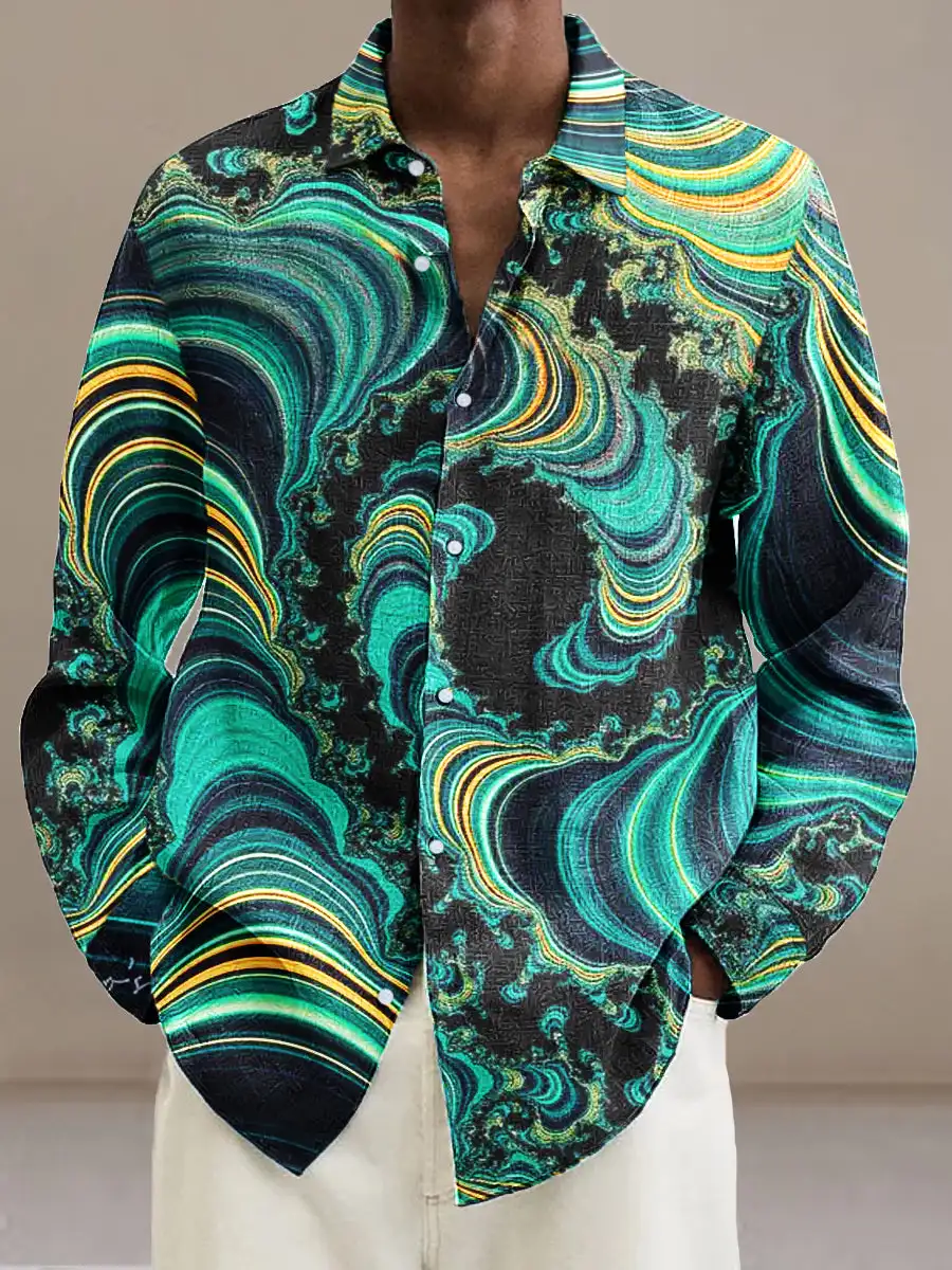 Men's shirt lapel shirt men's 3d printing gentleman retro irregular plant printing casual long sleeve fashion printing shirt 4
