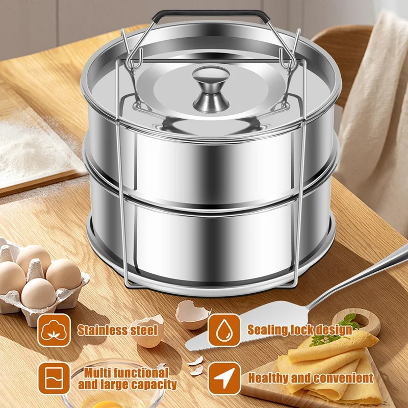 L99A-2-Tiers Stainless Steel Steamer 2.4 Quarts Capacity With Lid Stackable Flan Pan Mold Nonstick Steamer Insert Pans