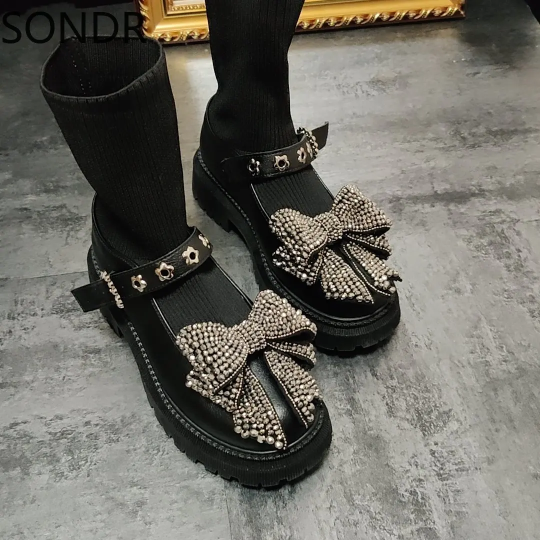 

Socks Rhinestones Big Bowknot Ankle Boots Womens Belt Buckle Chunky Heel Shoes Stretchy Black X-mas Gift DIY Girls