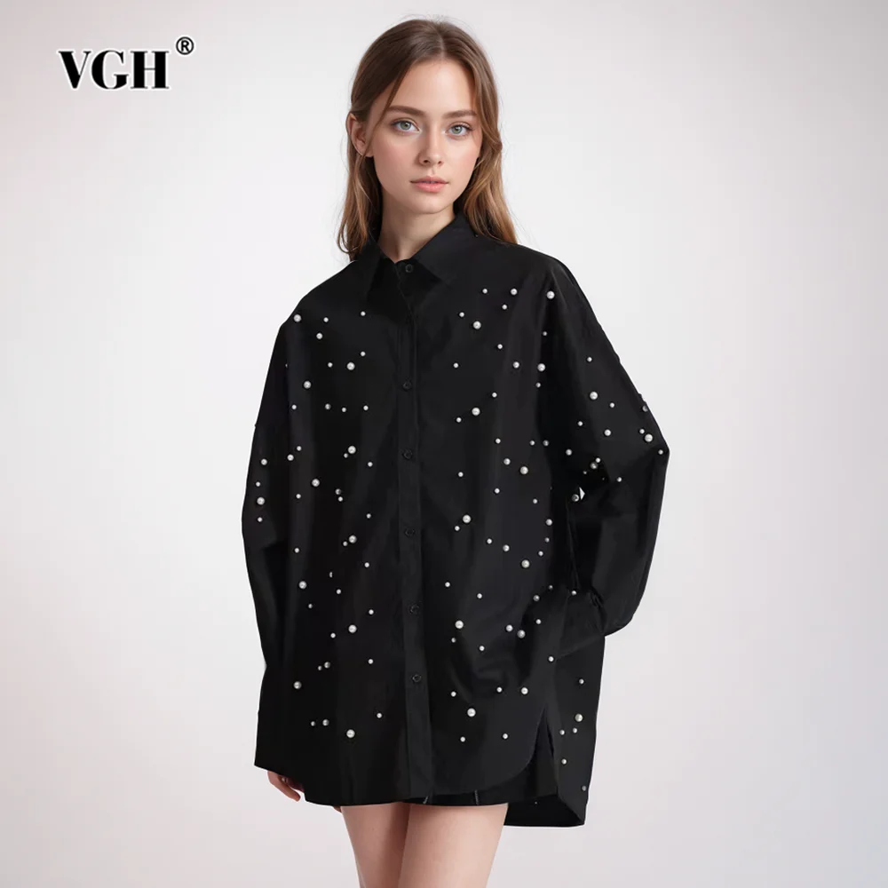 

VGH Solid Patchwork Pearls Casual Shirts For Women Lapel Long Sleeve Spliced Single Breasted Minimalis Loose Blouses Female New