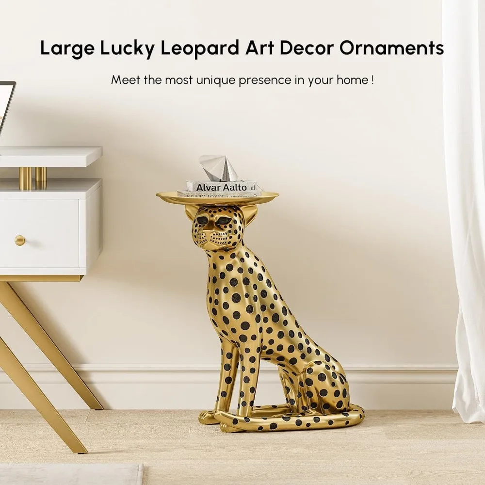 Animal Side Table with Tray Top– Gold Leopard Statue Panther Figurine End Table Art Decor for Home & Gifts