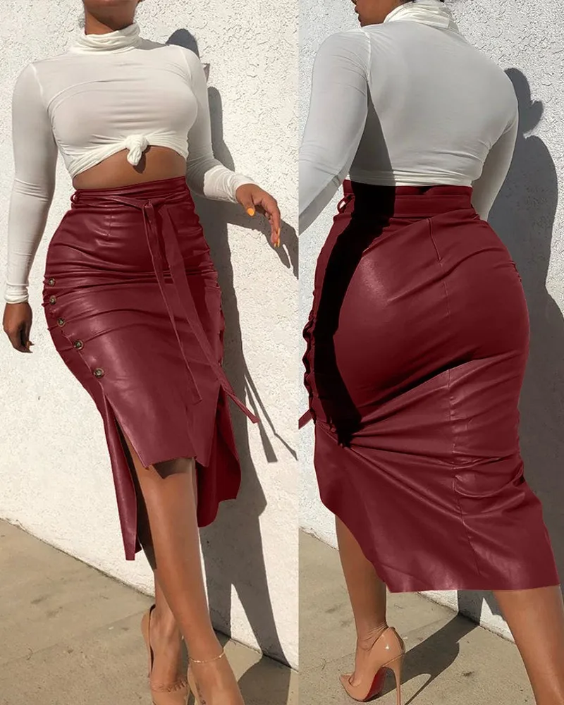 skater skirt Women PU Leather Midi Skirt Solid Color High Waist Lace-up Side Button Slim Skinny Pencil Skirt for Ladies Streetwear denim skirts for women