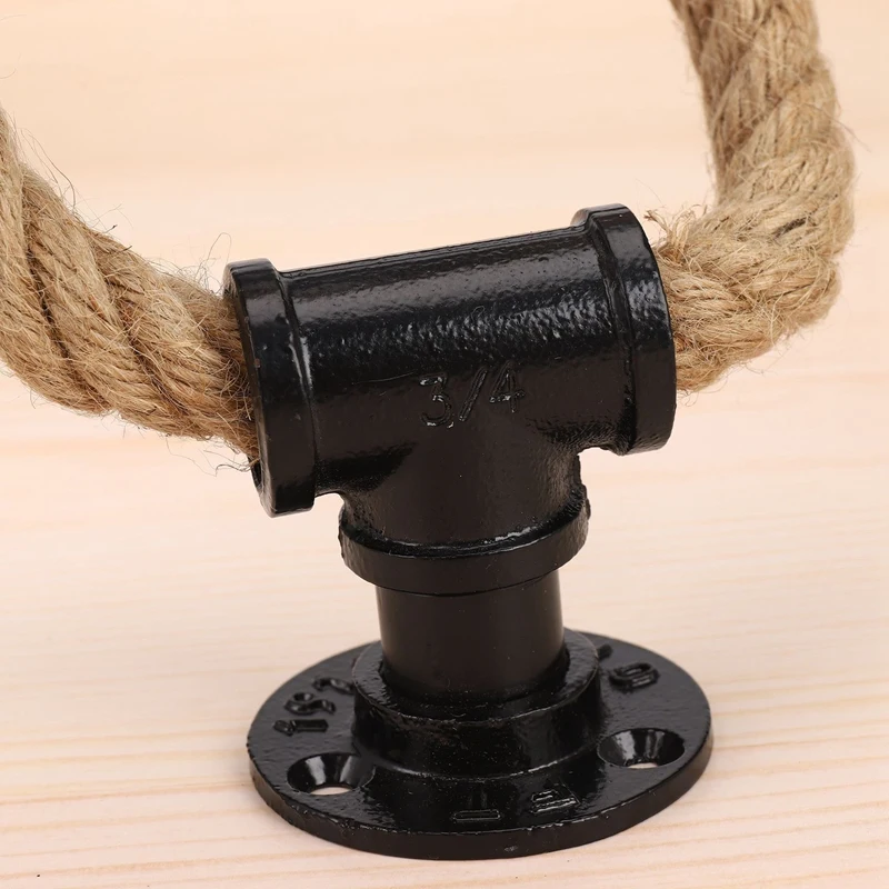 A01F-4X Vintage Towel Rack Ring Industrial Style Wall Mount Towel Holder Iron Pipe Jute Rope Bathroom