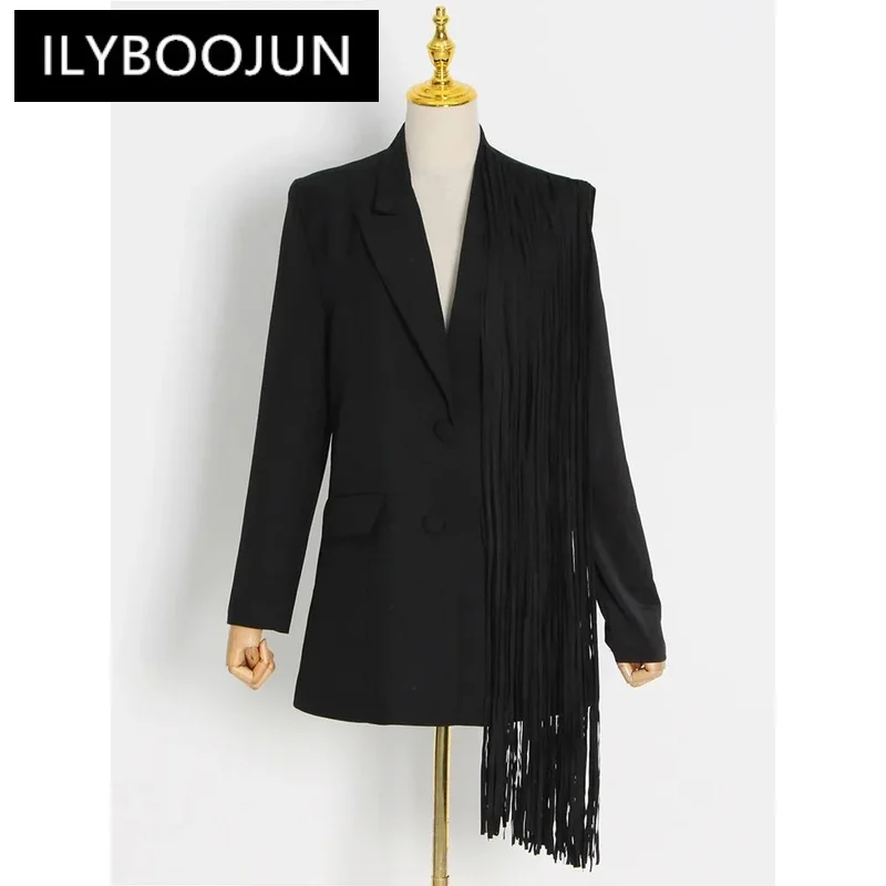 

ILYBOOJUN Black Blazer For Women Notched Collar Long Sleeve Patchwork Tassel Hem Solid Blazers Female Korean Fashion Clothing