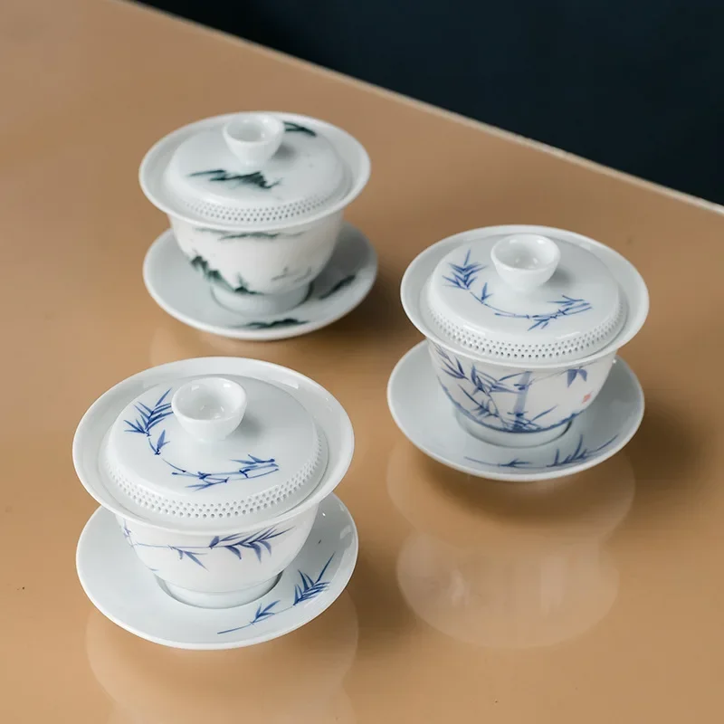 Chinese Kung Fu Teaware 360 &deg; Filtered Tea Bowl Sheep Fat Jade White Porcelain Gaiwan Anti Scalding Design Ceramic Tea Cup Set tea set