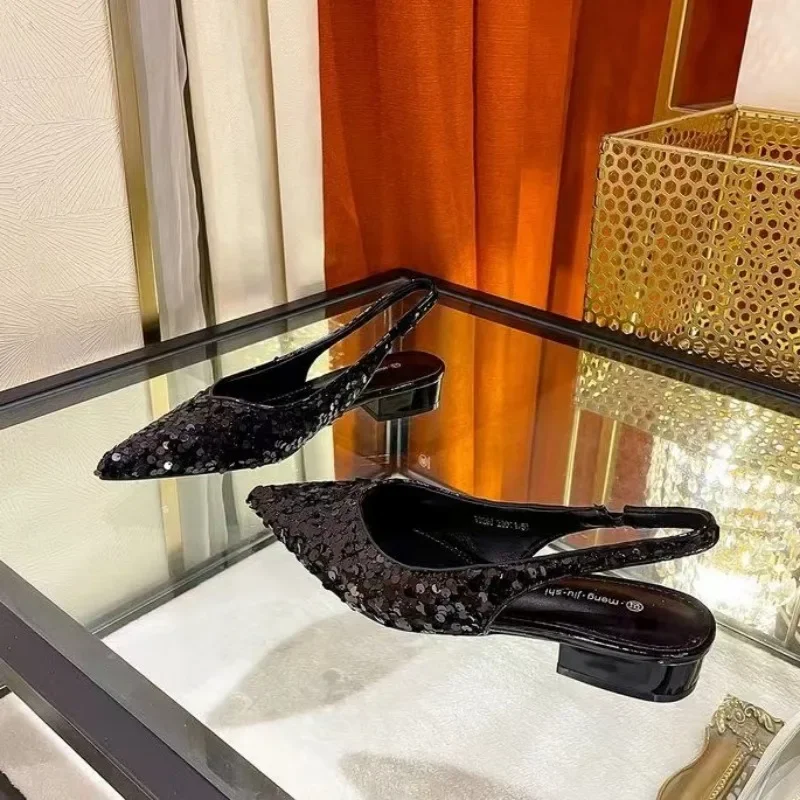 2024 Summer Pointed Toe Sandals Fashion Bling Slip on Singbacks Shoes Ladies Elegant Outdoor Thick with Sandalias Women's  Shoes 4