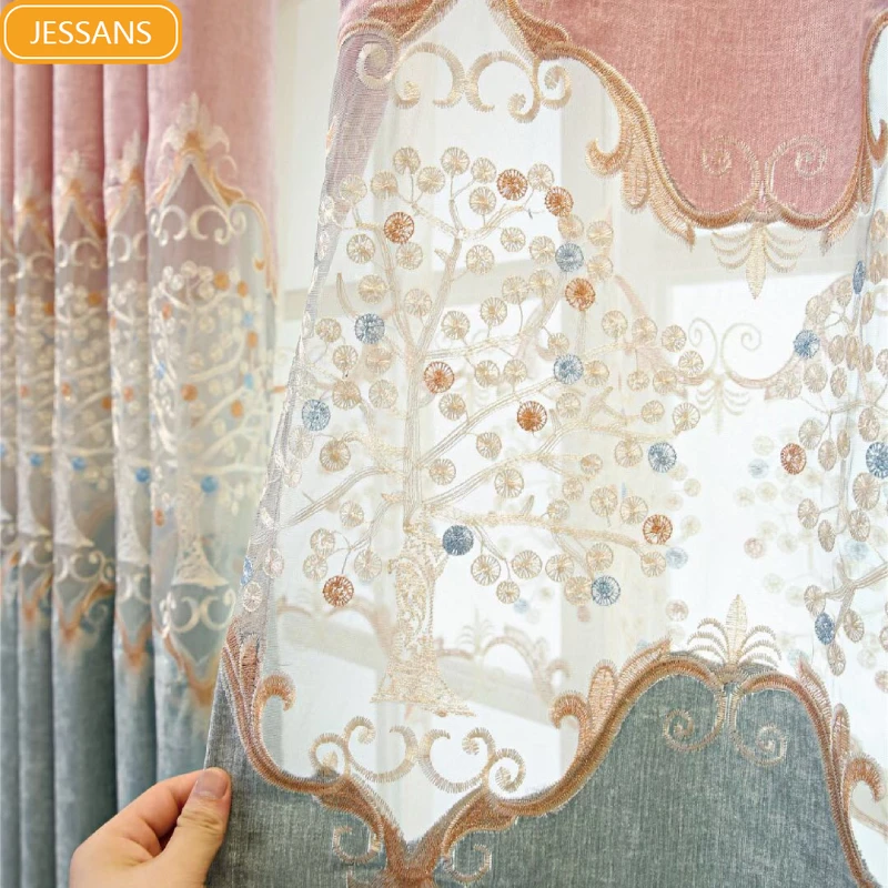 

2024 New Chinese Luxury Curtain for Living Dining Room Bedroom Blue and Pink Two-color Stitching Hollow Embroidery Lucky Tree