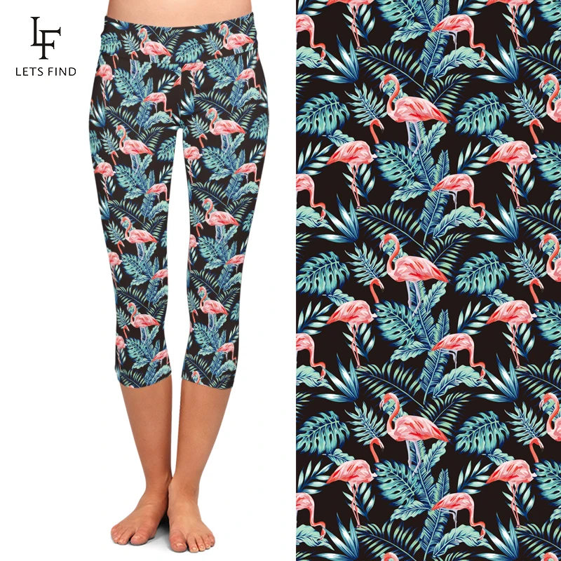Fashion 3D Printing Flamingos Pattern High Quality Women Capri Leggings High Waist Milk Silk  Mid-Calf Black Leggings