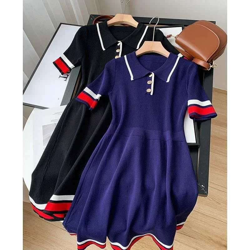 Abiti in maglia con colletto polo per donna Estate manica corta Slim elegante abito da festa Casual Chic coreano Stripe Vestido Feminino Nuovo - immagine 4