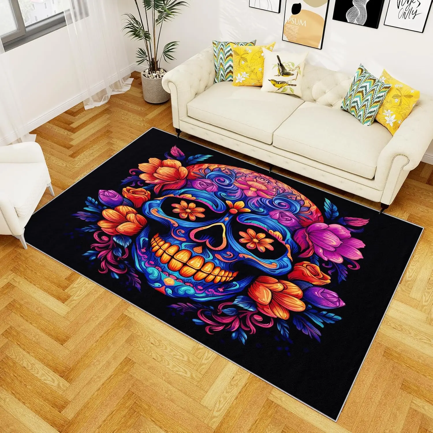 Skeleton Welcome Rug Sugar Skull Area Rug Mexican Day of The Dead Area Rug -Gothic Floral ...