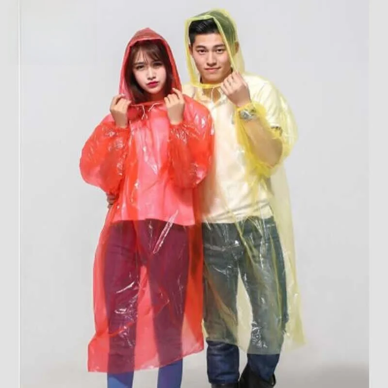 일회용 여행용 경량 성인 우비 PE 일체형 후드 로프 소매 탄성 밴드 하이킹용 보호복