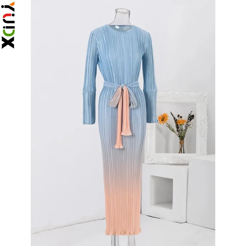 

YUDX Miyake Elegant Gradient Pleated Long Dress Women Round Neck Belt Gathered Waist Dresses Fashion Party 2024 Spring New