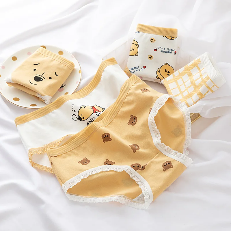 

Women Cotton Panties Cute Underwear Cartoon Yellow Bear Panty for Girl Underpants Briefs Female Lingerie NK20
