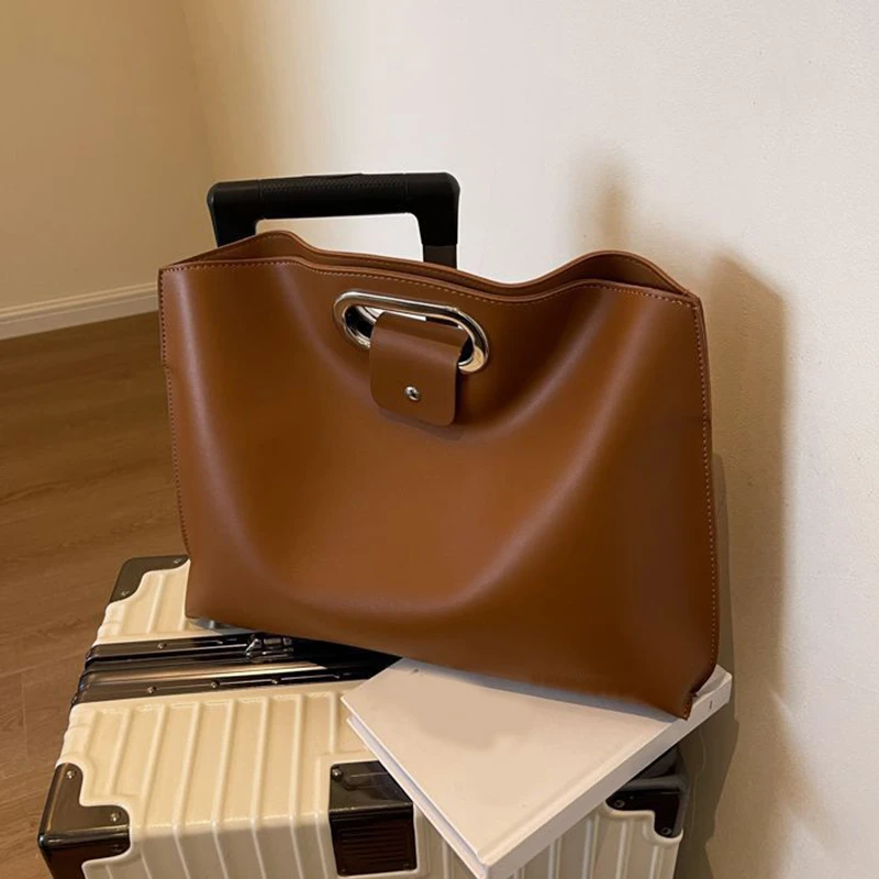 Solid Color Pu Leather Bag For Women'S Fashion Large Capacity Hand-Held Bag For Work Commuting Hand-Held Briefcase Tote Bag