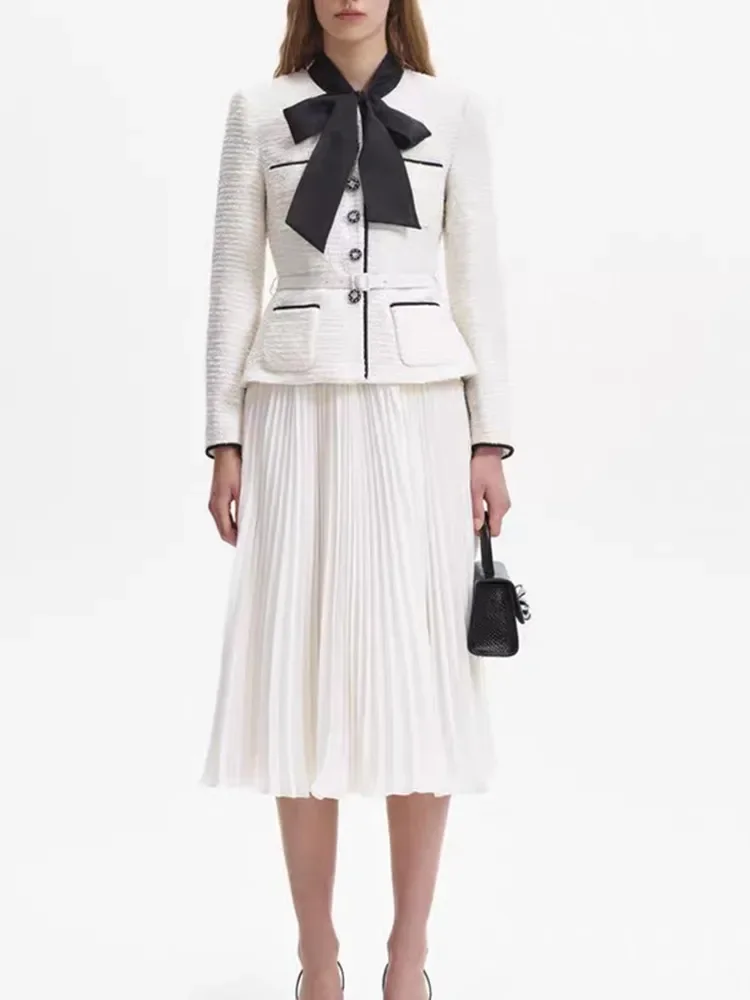 

Women's Midi Dress Tweed Ribbon Collar Single Breasted 2024 New Elegant Pleated Fake Two Pieces Spliced Robes With Belt