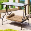 Outdoor Patio Swing with Hardtop, 3 Person Porch Swings with 2 Side Cup Holder, Convertible Backrest Swing Bed with Cushion 1