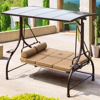 Outdoor Patio Swing with Hardtop, 3 Person Porch Swings with 2 Side Cup Holder, Convertible Backrest Swing Bed with Cushion 1