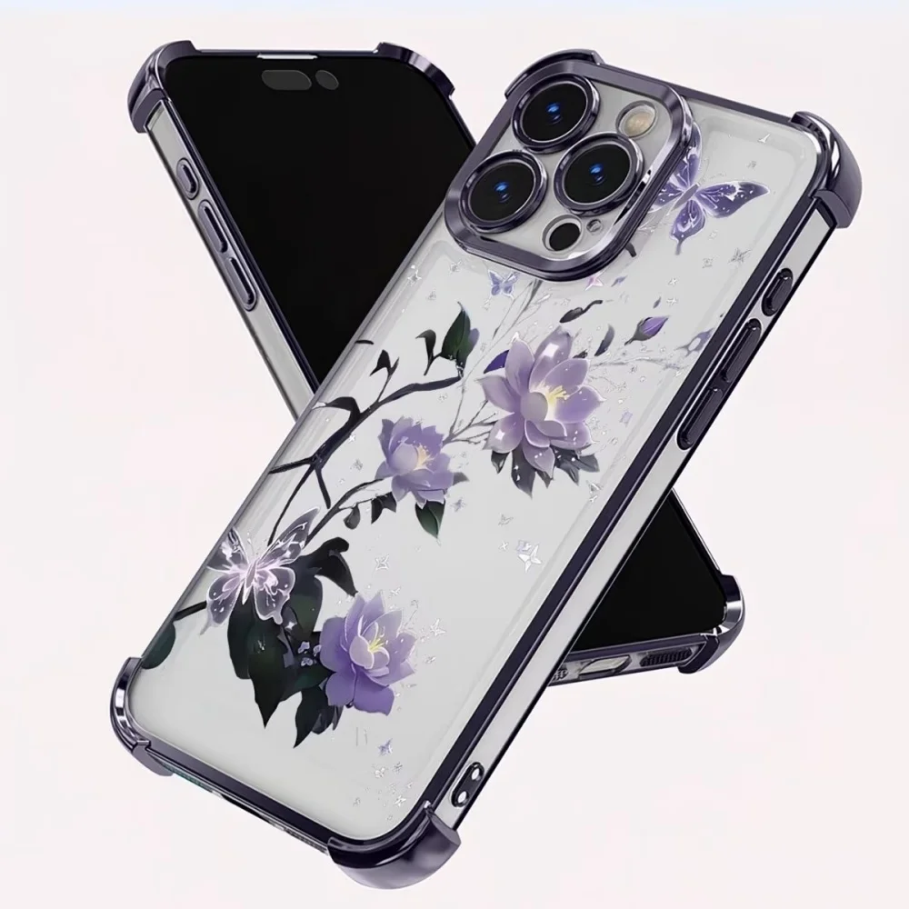 Elegant Purple Flower Clear Phone Case with Electroplated Four-Corner Protection
