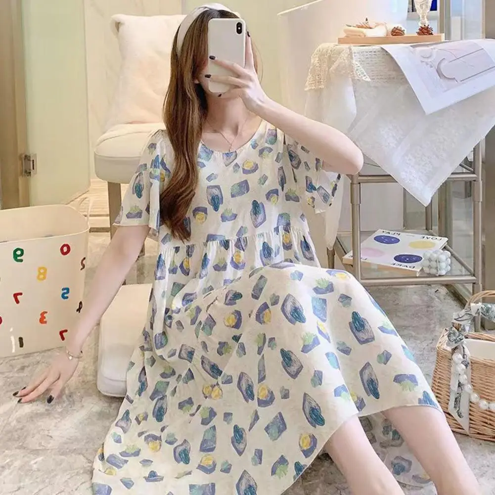 

Printed Loose Dress Floral Print Women's Summer Nightdress with Round Neck Short Sleeves A-line Pleated Hem for Soft Breathable