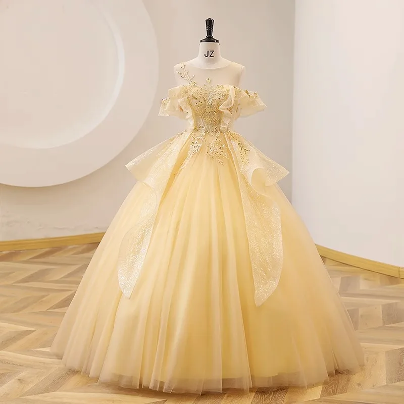 

Illusion Scoop Neck Quinceanera Dresses Ball Gowns Flower Sequin Tulle Vestido De Debutante Elegant Floor-length Corset Back