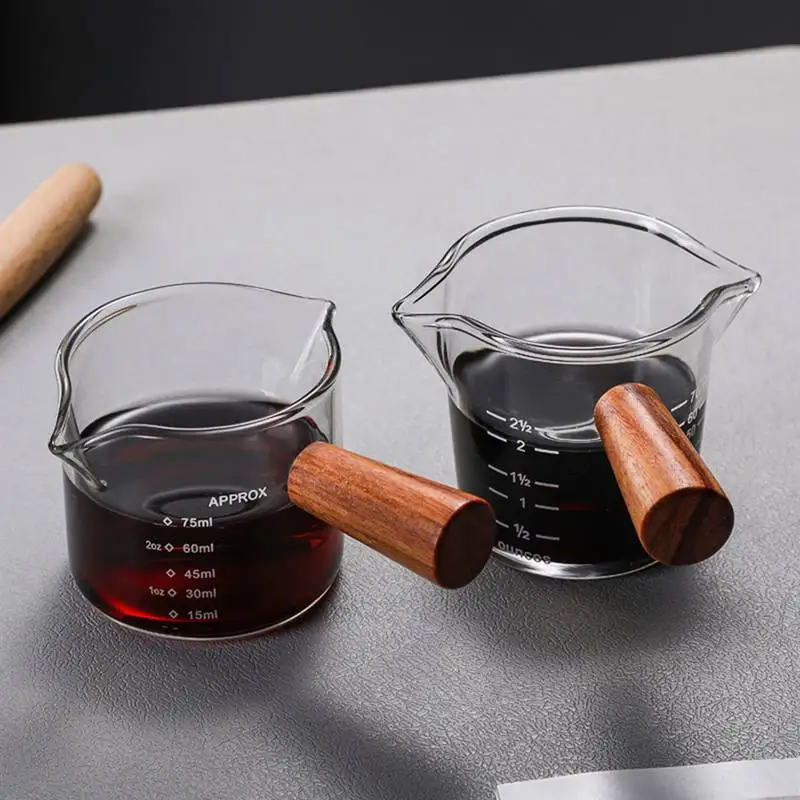 Wood Handle Glass Espresso Measuring Cup Double Single Mouth Milk Jug Heat-resisting Coffee Shot Glass Scale Measure Mugs measuring cup coffee extraction cup
