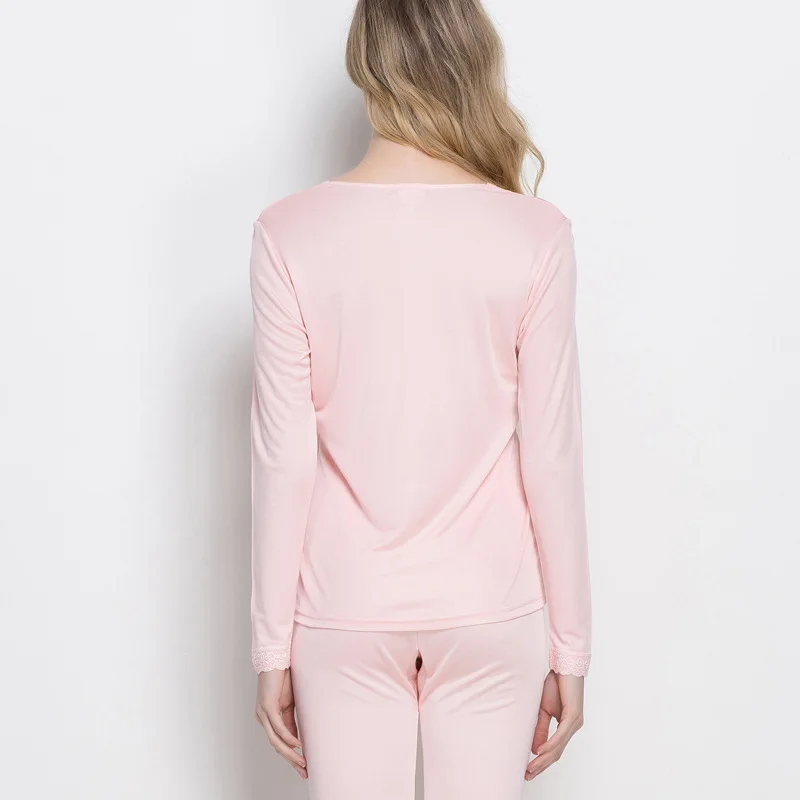 Women Long Johns Pure Silk Knit Double Jersey Lace V Neckline Long Johns Set Thermal Underwear Set Size M L XL XXL