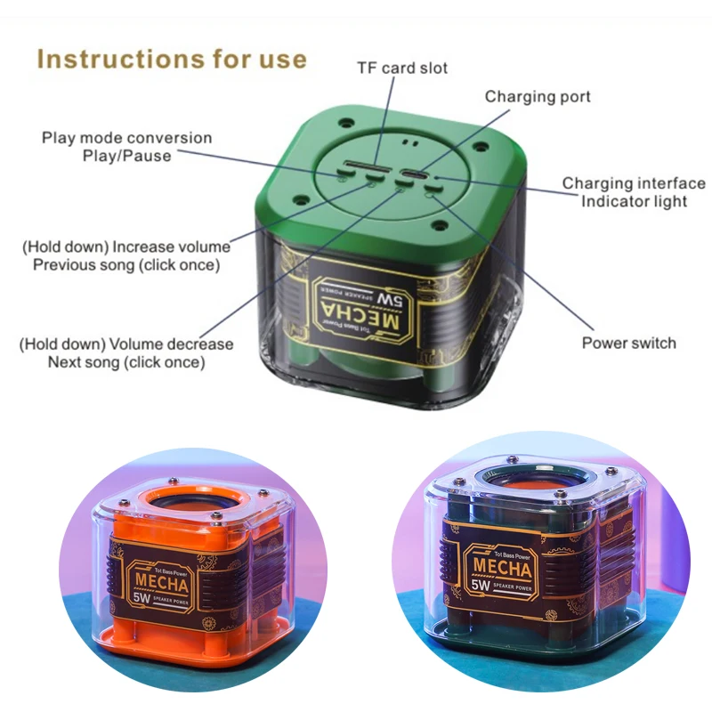 Mini Transparent Bluetooth Speaker Mecha Style Hifi Sound Music Box Wireless TWS Connection MP3 Music Player Support TF Card Pla