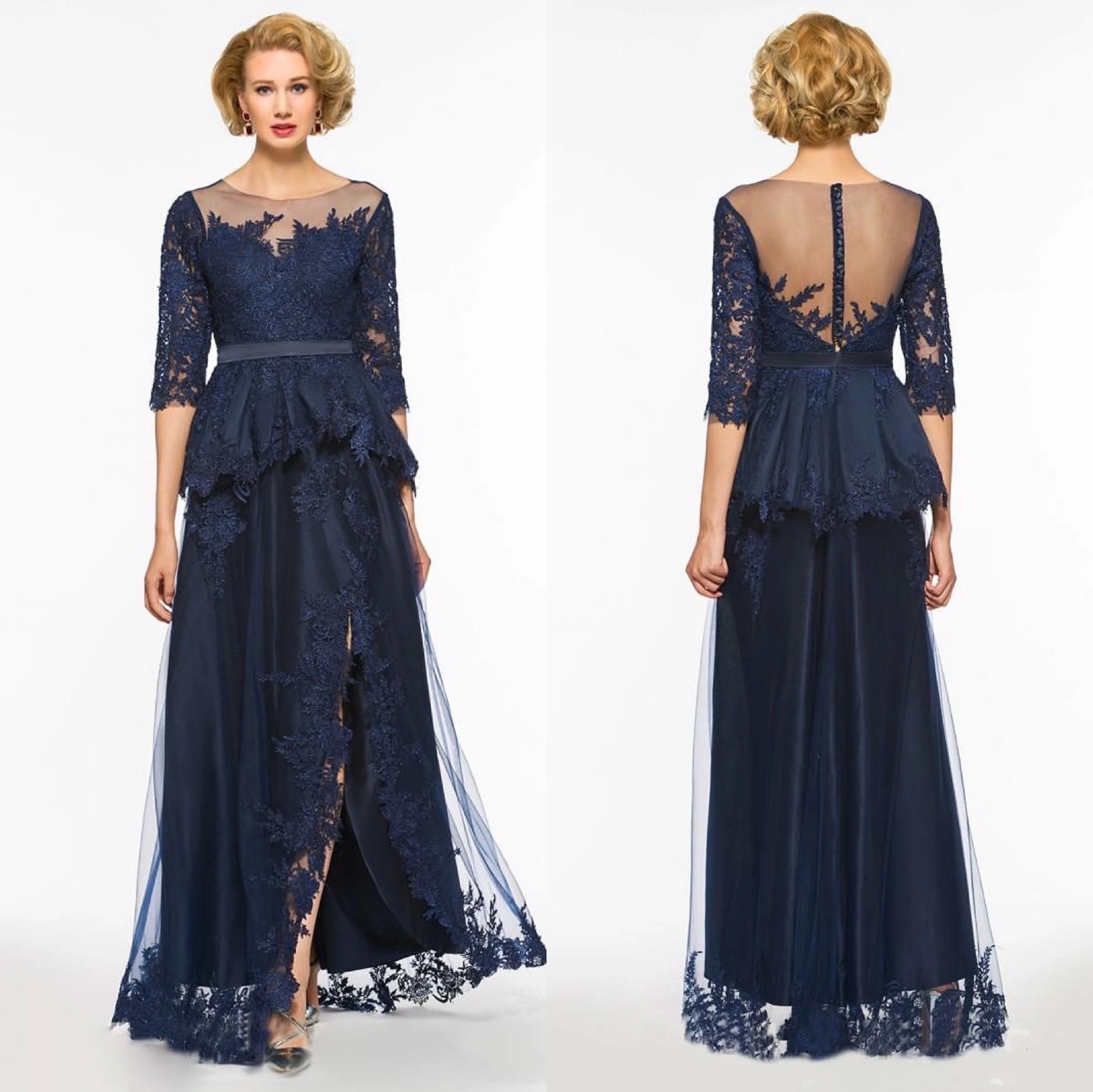 Navy Blue Mother Of The Bridegroom Dress 3/4 Sleeves Appliques Lace Wedding Ceremony Evening