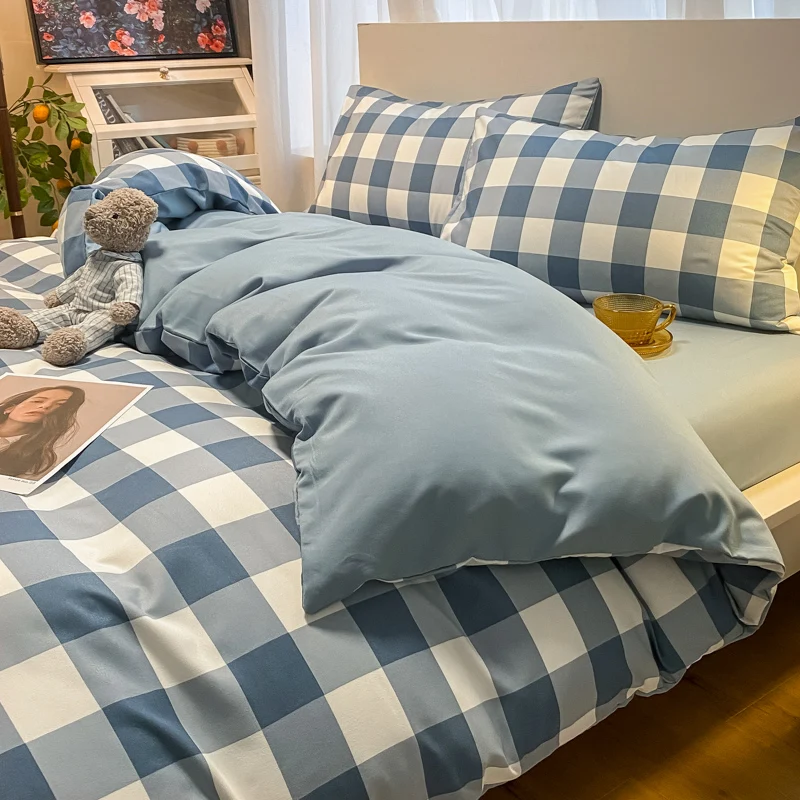 100 Cotton Blue Plaid Bedding Set,Nordic Bed Cover Queen King Skin