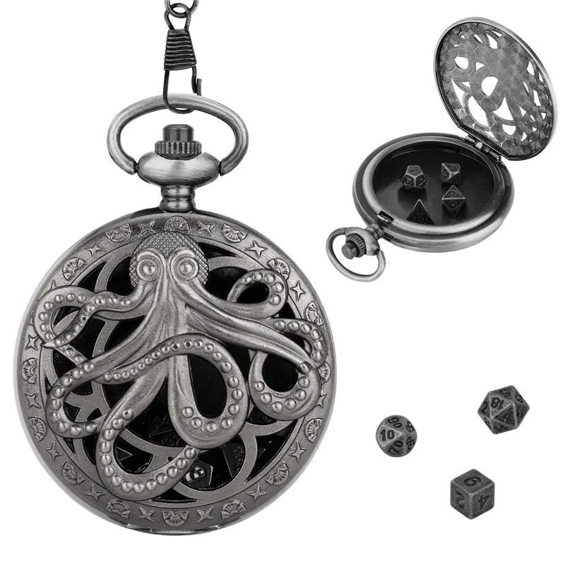 Retro Hohl Octopus Taschenuhr Gehäuse Anhänger Kette mit 7 Stück Metall Polyedrische Würfel Rollenspiel Brettspiele Zubehör – Detail 4