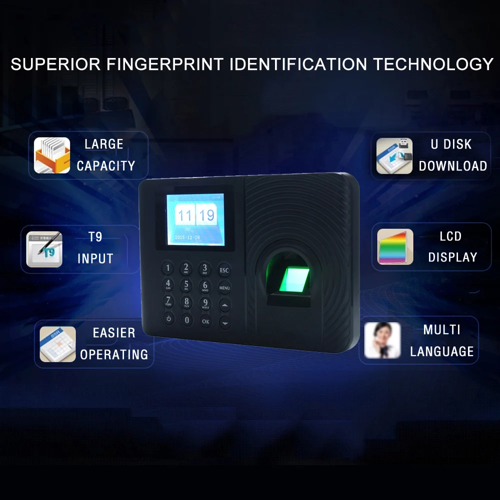 Intelligent Biometric Fingerprint Password Attendance Machine Employee Checking-in Recorder 2.4 inch TFT LCD Screen Attendance