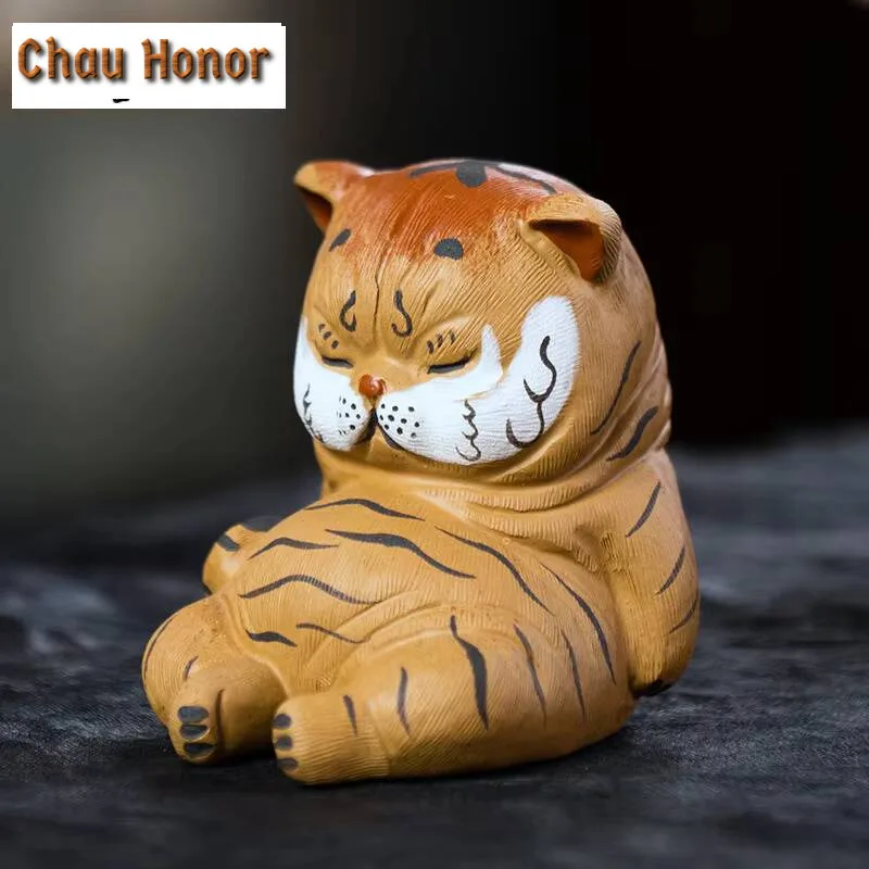 Yixing Handmade Sculpture Purple Clay Tea Pet Cute Tiger Statue Lucky Tea Figurine Ornaments Crafts Chinese Tea Set Decoration