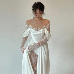 Satin Wedding Dresses With Small Train Vintage Lace Bride Dress A-line Full Sleeve Boho Wedding Gowns Vestido De Noiva