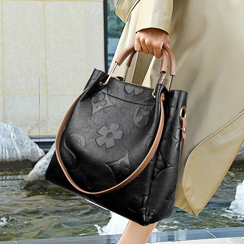 100% Genuine Leather 2023 New Fashion Bucket Bag Texture Embossed Women's  Handbag Retro Large Capacity Diagonal Span Purses Gg - AliExpress