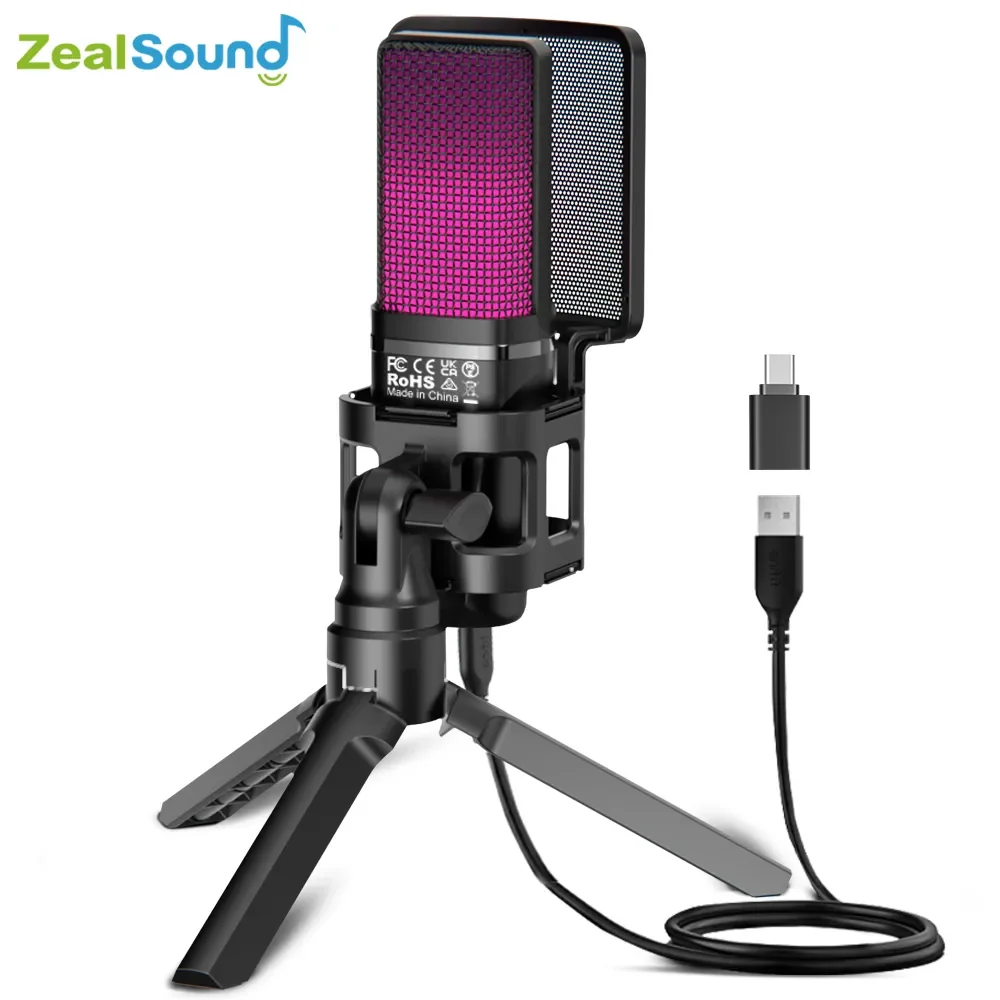 Zealsound RGB USB Gaming Condenser Microphone For PC PS4 PS5 Mac with Pop  Filter And Headphone Output,Mic for Laptop/Computer