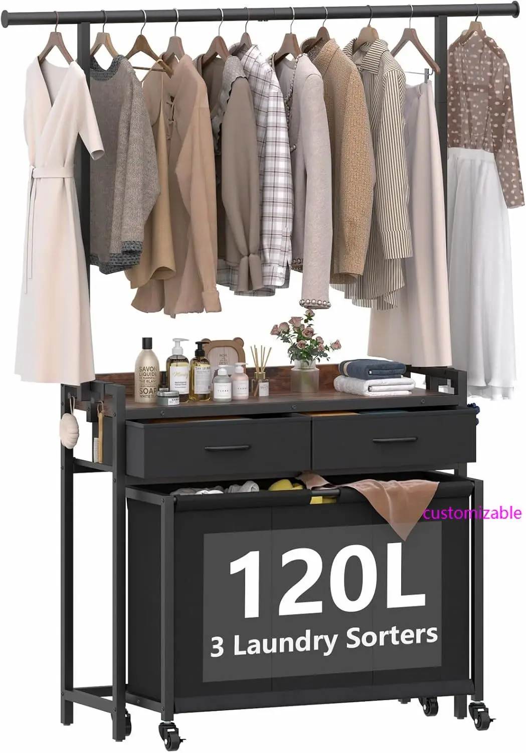 Cloth Rack, Laundry Basket with 3 Section Pull-Out Rolling Bags, Laundry Sorter for Organization and Storage with 2 Drawers