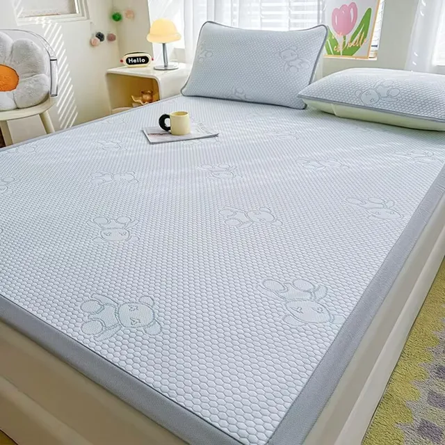 Drap de lit Jacquard en forme d'ours de dessin animé, sensation rafraîchissante, couvre-lit d'été en soie glacée, simple, Queen, King Size, bande élastique, housse ajustée fixe 6