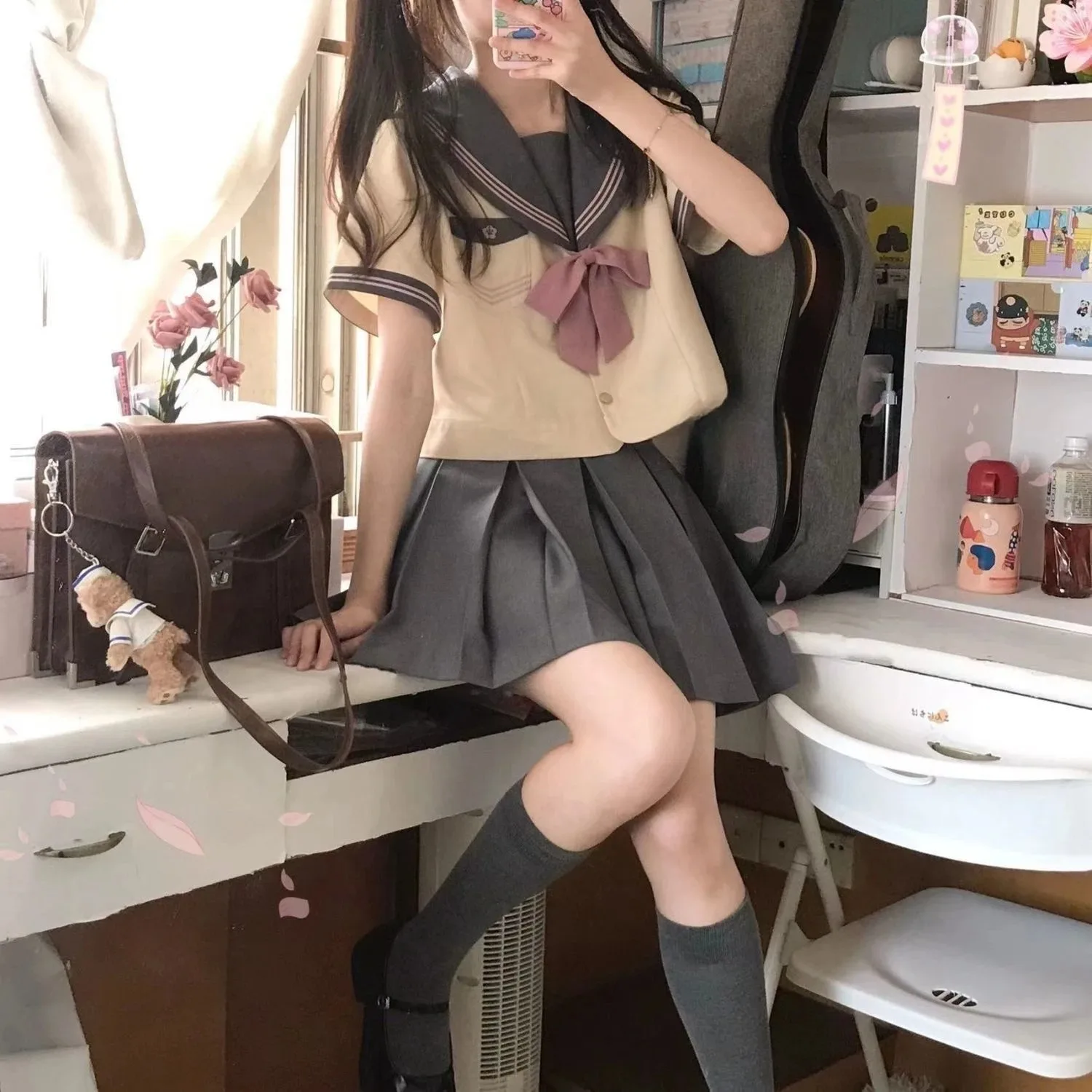Japanese School Uniform S-8xl Plus Size Jk Uniform Bow Pleated Skirt Suit Student Sailor Suit Women Short Sleeve