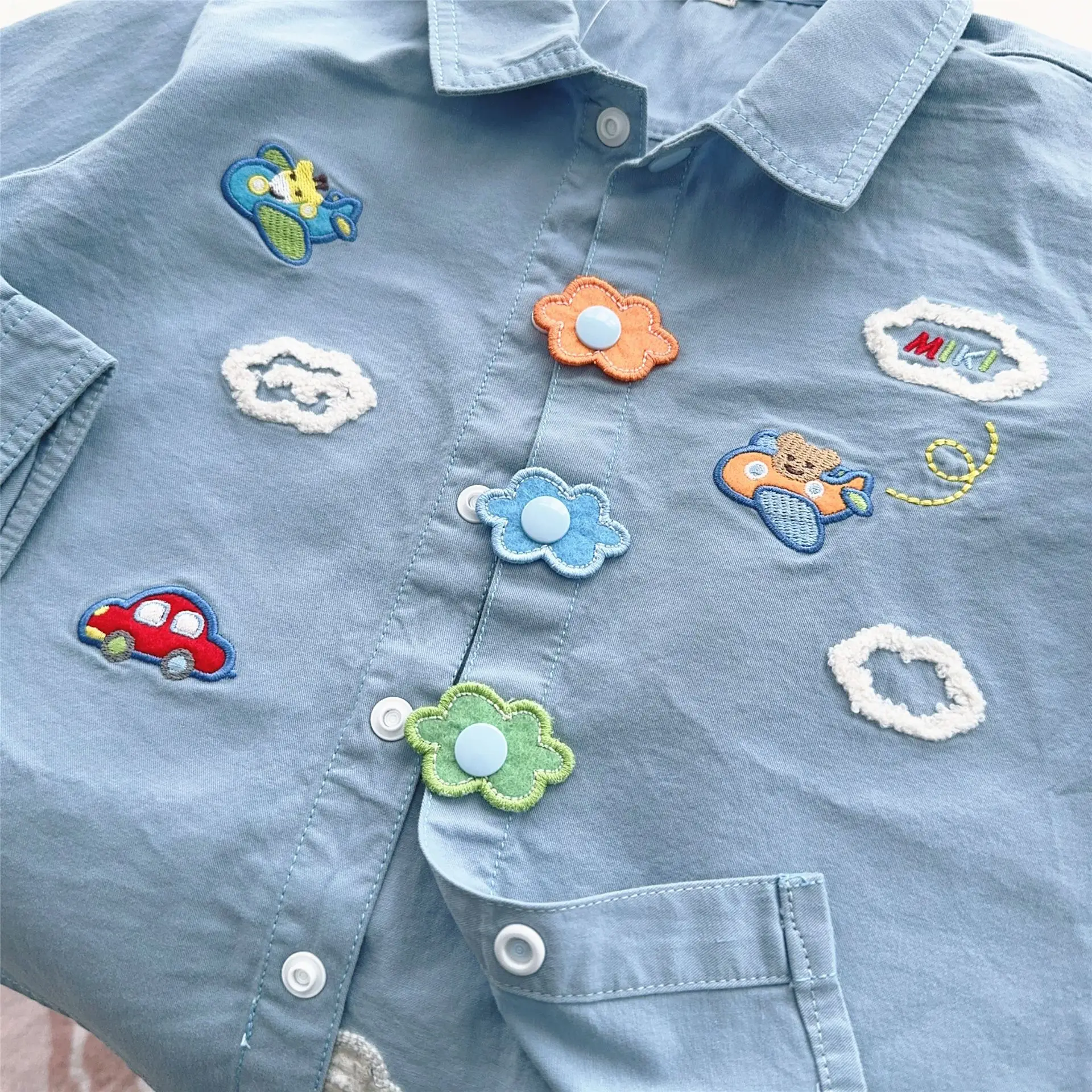 Japanese Children's Clothing 25 Spring New Item Men's And Women's Lapel Embroidery Loose Teddy Bear Flying Cartoon Shirt