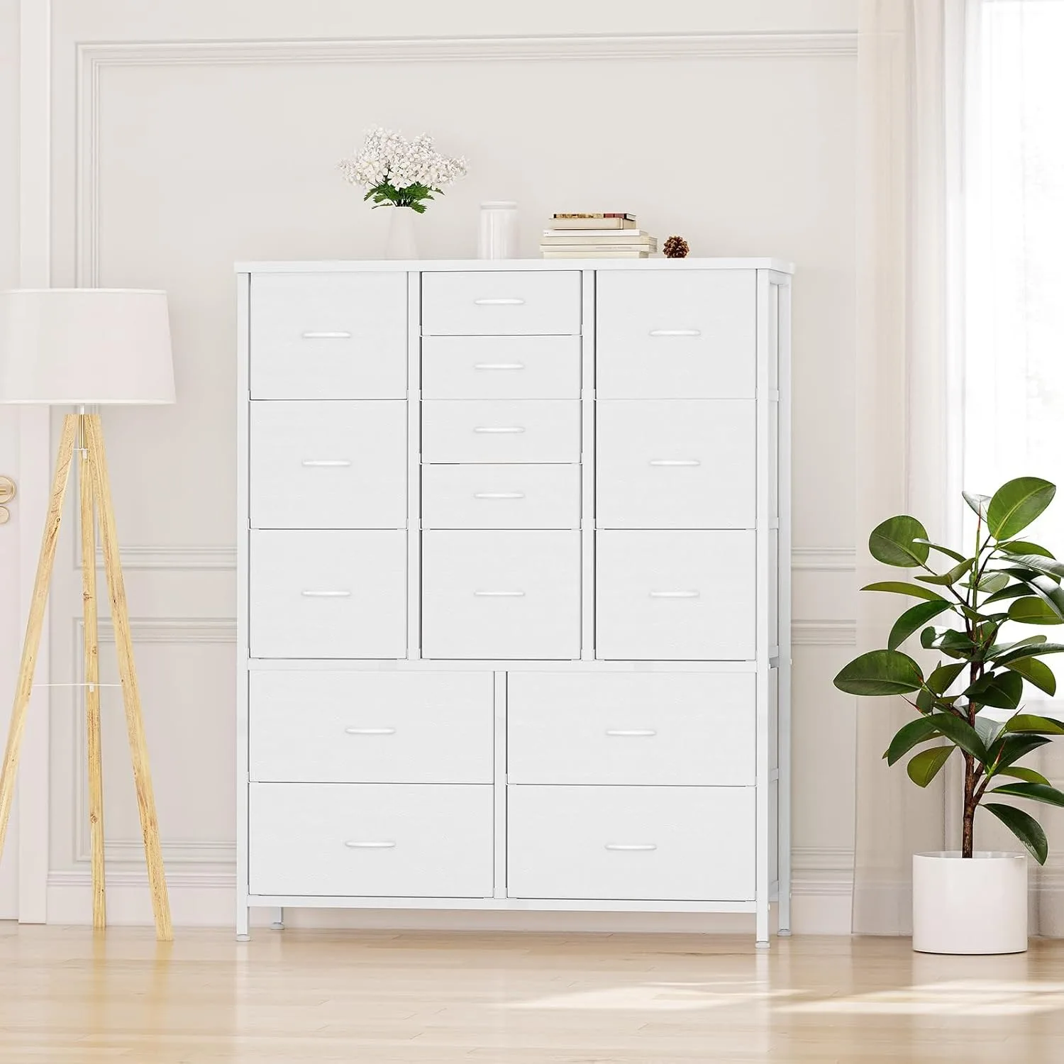 15 Drawers Dresser, Tall Dressers, Large Chests of Drawers, Fabric Storage Dresser Organizer Unit (White Wood Grain Print) 5
