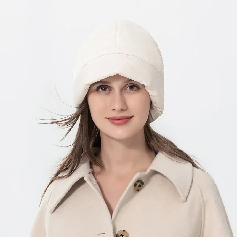Fashion Quilted Fluffy Down Beanies Hat Outdoor Warm Lightweight Ear Protection Cold Hat Winter Hood New Women Pullover Skullies 2
