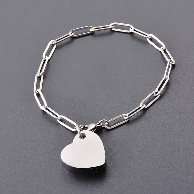 Urn Bracelet for Ashes Heart Cremation Bracelet Stainless Steel Ashes Holder Bangle Keepsake Flat Cable Link Chain for Women Men