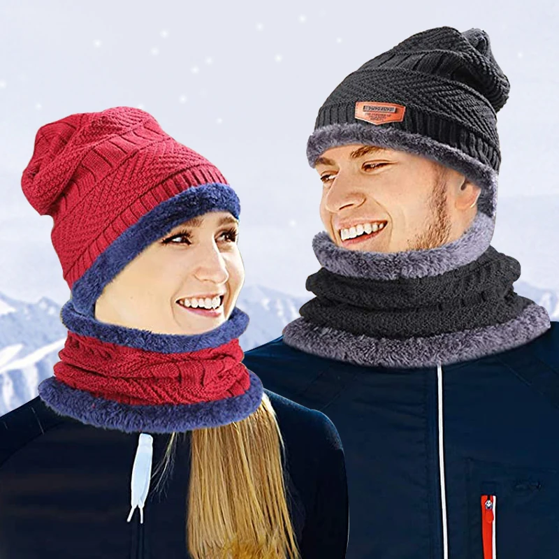 Winter Men Women Beanie Hat Knitted Hat Winter Cap Beanie Female Thick Wool Neck Scarf Cap Balaclava Mask Bonnet Hats Set winter hat