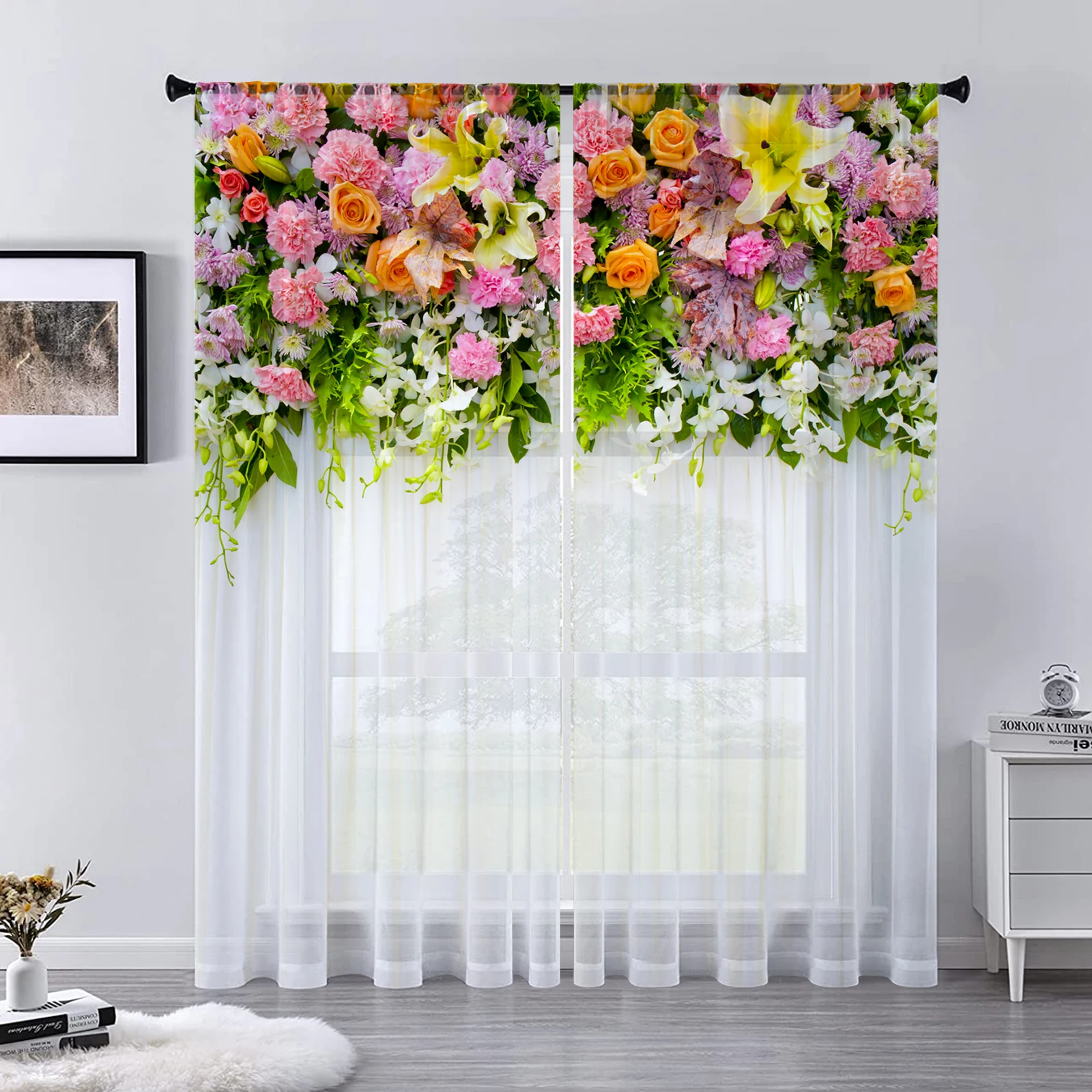 3DFlowerWallCurtainsForLivingRoomTransparentTulleSheerCurtain