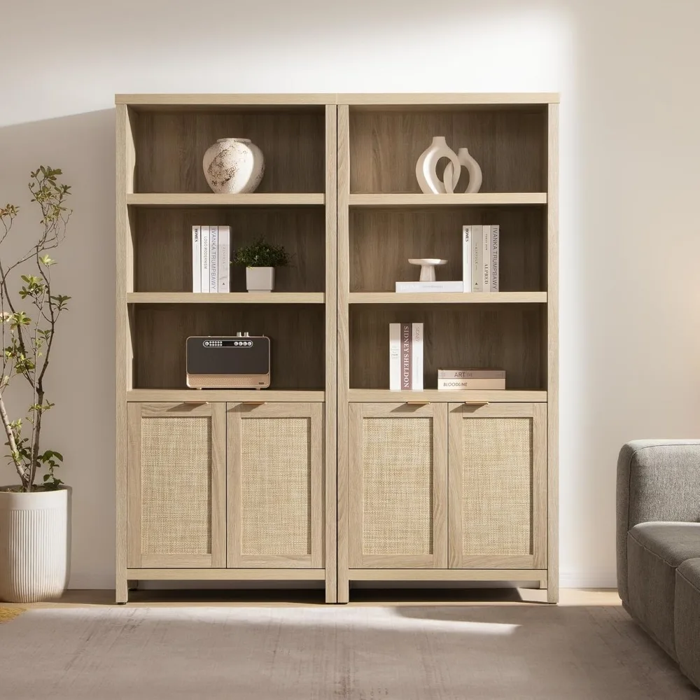 Bookcase  Bookshelf 5 Tier Rattan Boho Bookcase with Doors Storage Large Book Case Shelf Farmhouse Bookshelves 2