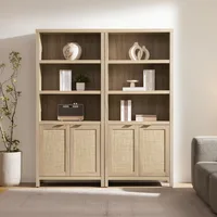 Bookcase  Bookshelf 5 Tier Rattan Boho Bookcase with Doors Storage Large Book Case Shelf Farmhouse Bookshelves 2
